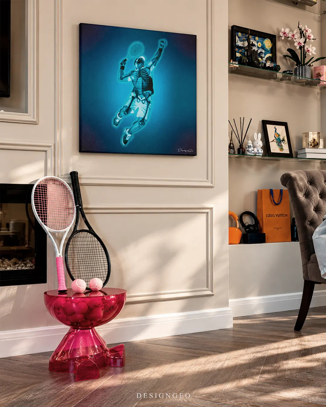 Glowing blue X-ray skeleton tennis player serving square canvas wall art displayed on a beige wainscoting wall above a pink side table with tennis rackets 0.75 inch thin wrap