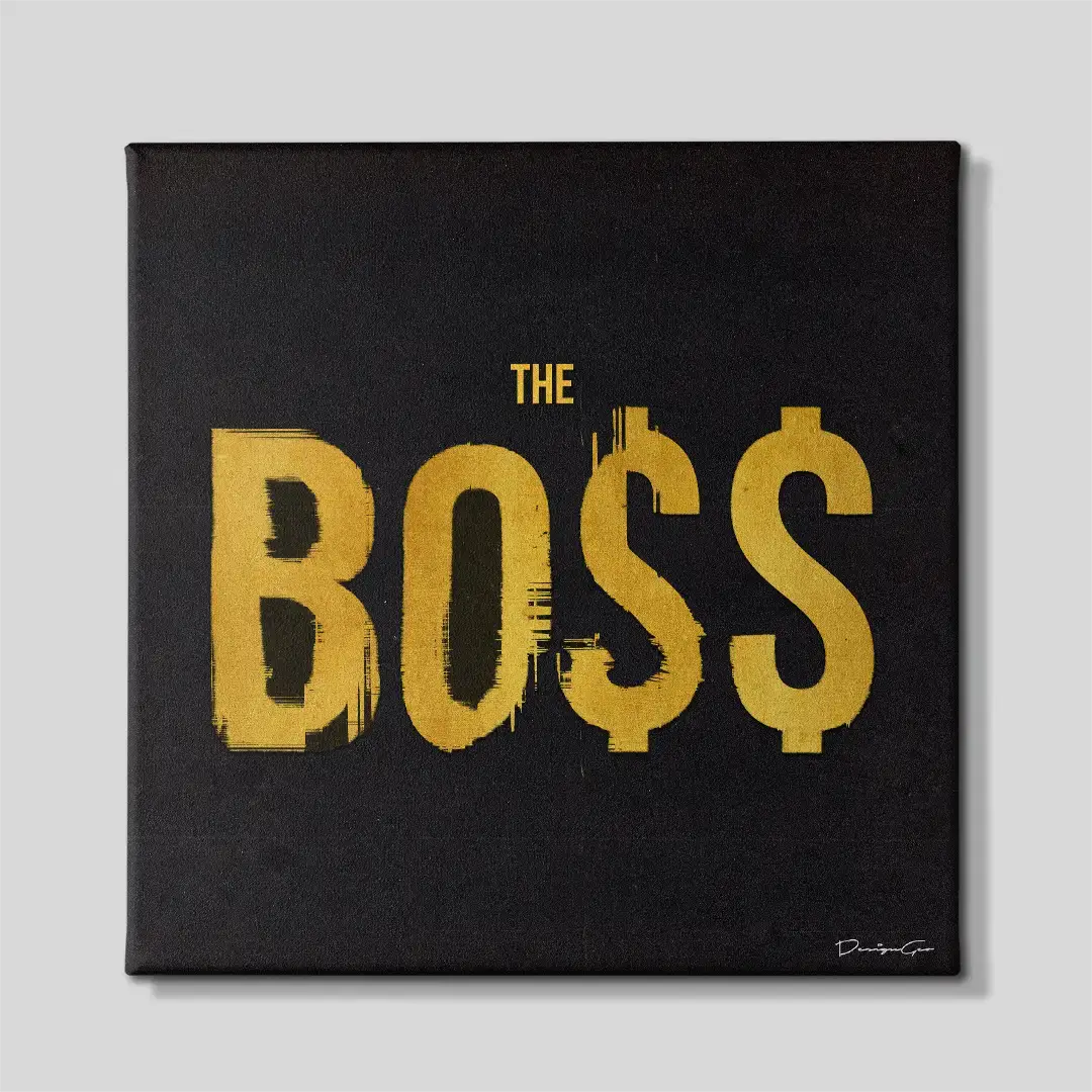 Front view of the luxury "THE BOSS" square typography canvas print, a premium motivational statement piece for modern corporate environments and elite home decor