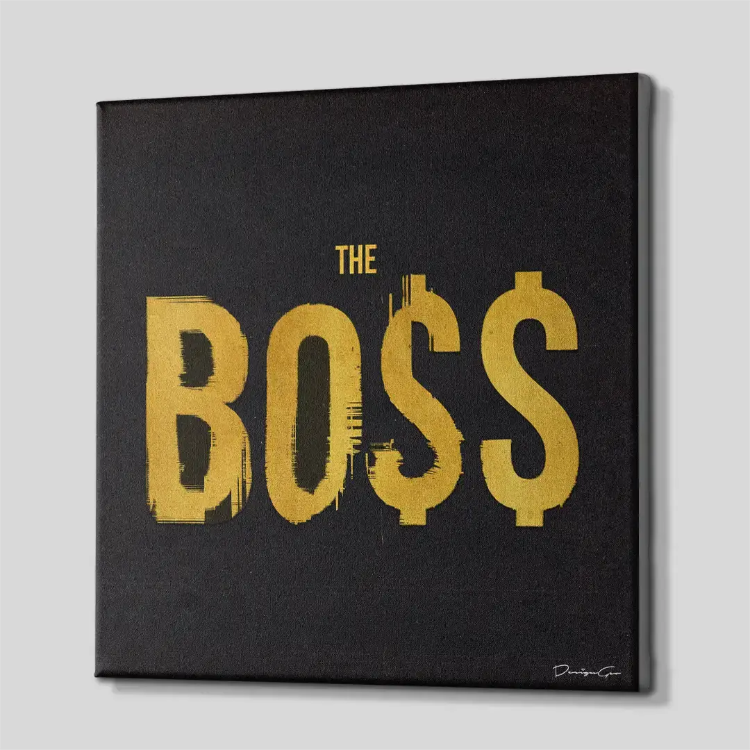 Side angle of the gold-lettered leadership motivation canvas, highlighting the high-quality gallery wrap finish and professional 3D frame depth for executive office walls