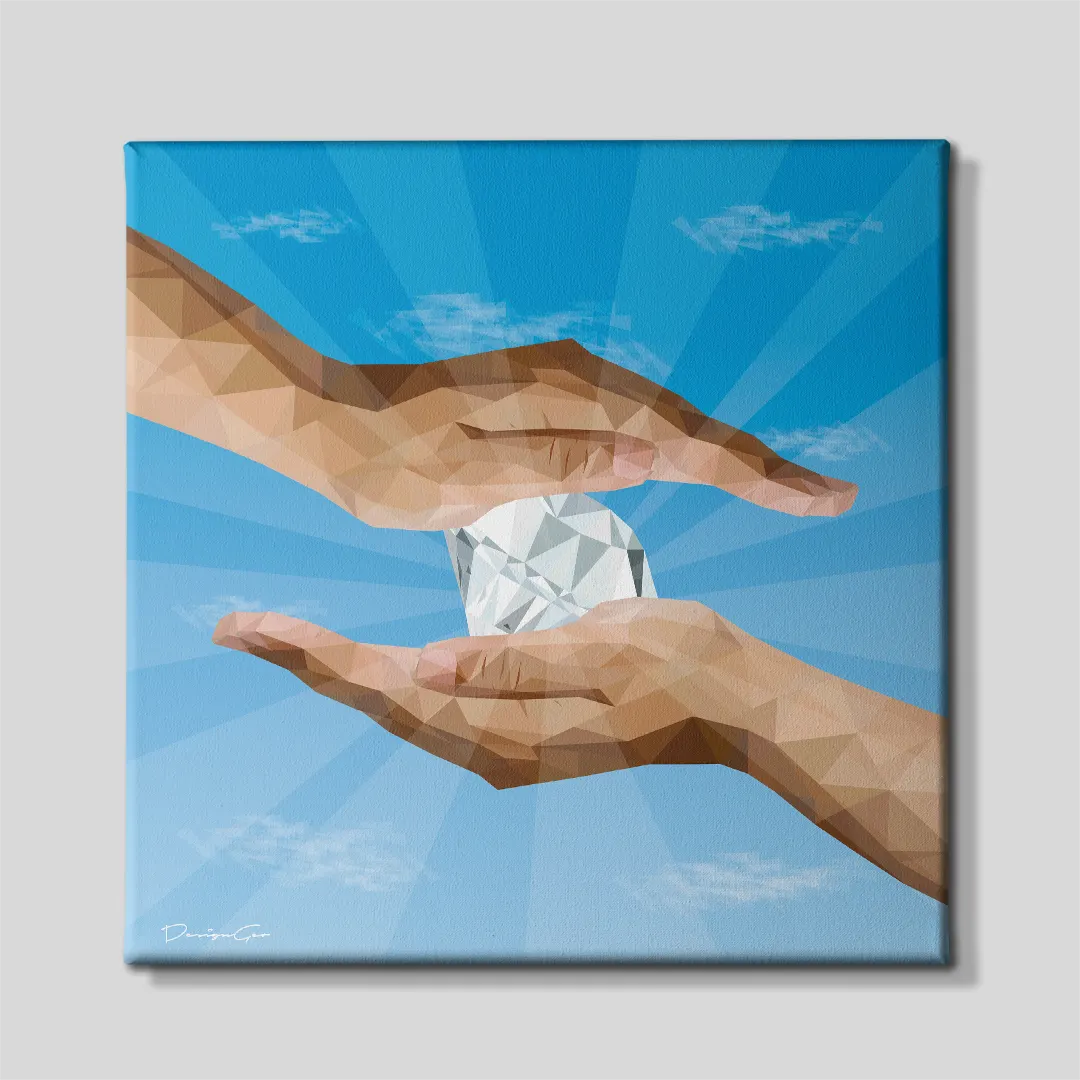Front view of a square canvas print featuring low-poly geometric hands holding a large sparkling diamond against a blue sky with sun rays