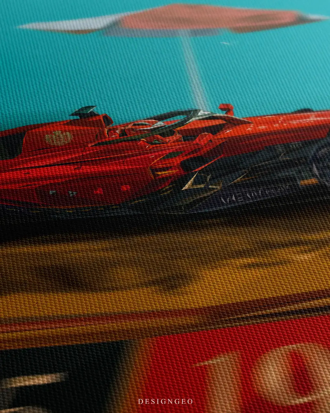 Detailed macro perspective of the red race car art print, showcasing the intricate geometric patterns of the automotive bodywork and the golden crest emblem against a vibrant teal sky