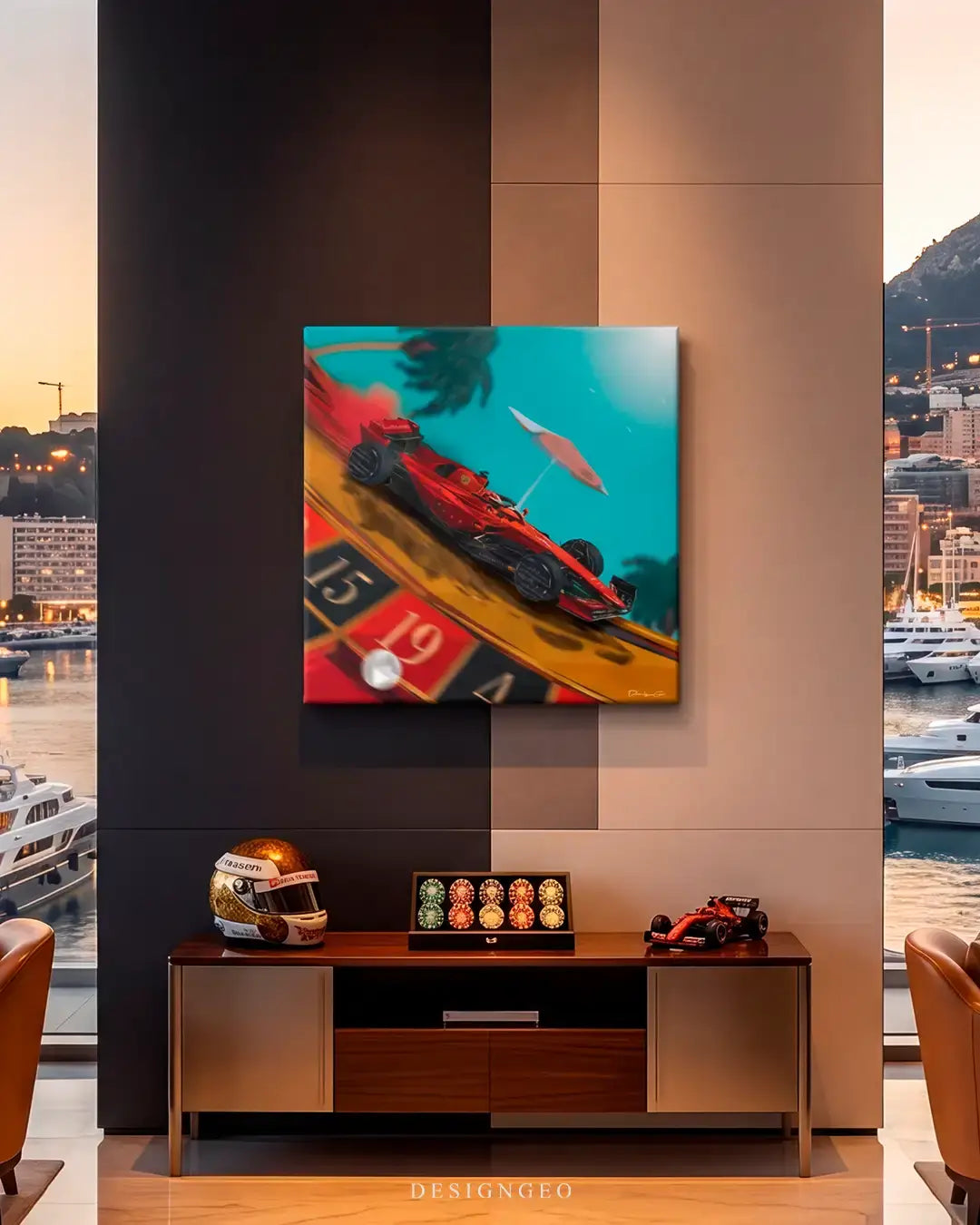 Luxury Monaco penthouse lounge interior showcasing a modern square red racing car and casino roulette canvas print mounted on a dark accent pillar, featuring premium leather armchairs, a collectible racing helmet, and a panoramic harbor view with yachts