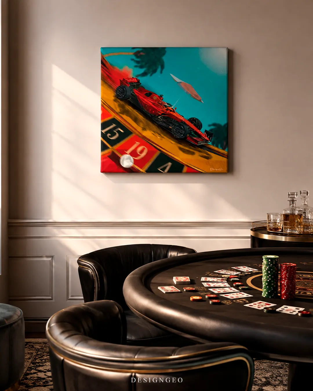 Square red racing car canvas print mounted on a beige wall above a luxury black leather poker table with playing cards, stacked casino chips, and a whiskey decanter set