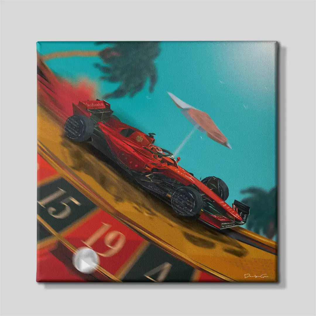 Front view of "The Fastest Bet" square canvas wall art displaying a red racing car driving on a casino roulette wheel with palm trees, perfect for modern bedroom or living room decor