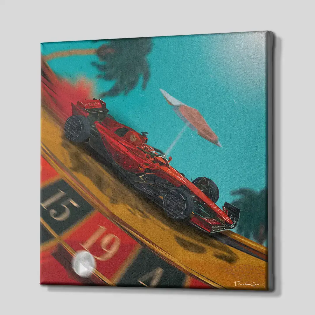 Side perspective of the modern Monaco casino race car canvas print, demonstrating the precise gallery wrap edges and three-dimensional wooden frame structure for upscale luxury interiors