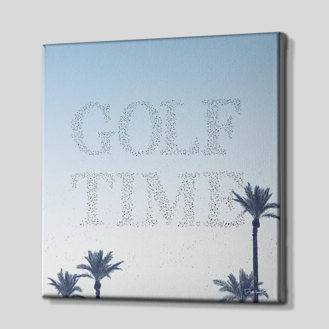 Three-quarter view of the square "GOLF TIME" canvas print, showing clean gallery-wrapped edges mounted on solid wooden stretcher bars against a neutral backdrop