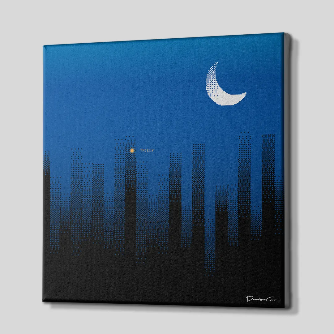Three-quarter side angle of The Luck city skyline canvas wall art highlighting 3D gallery-wrapped black edges mounted on a sturdy wooden stretcher frame