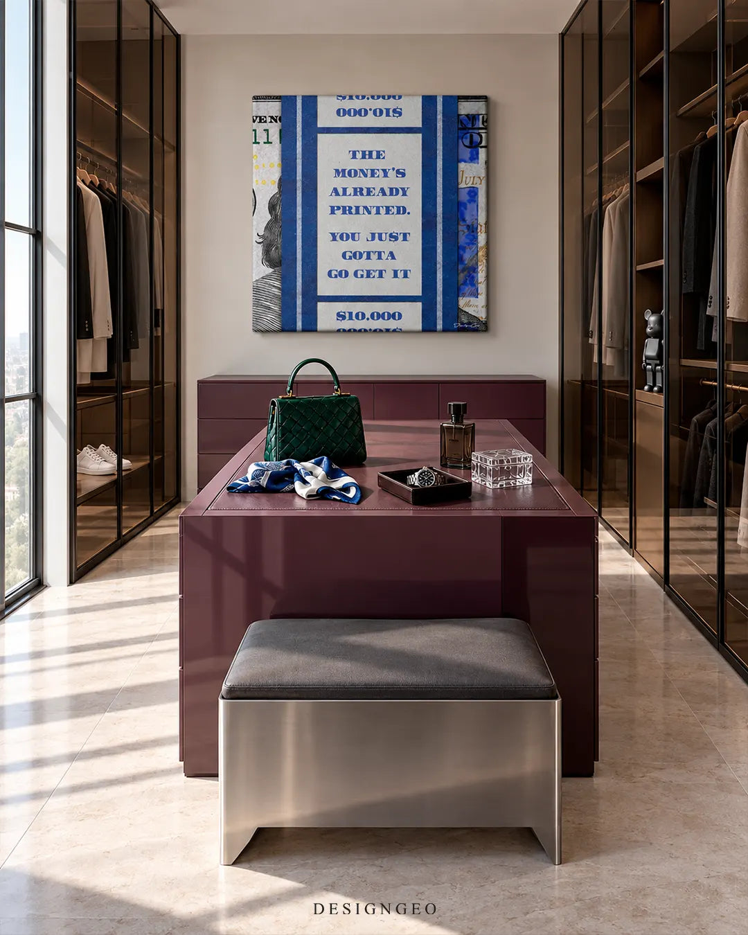 Square canvas print showing a blue money band with motivational quote THE MONEY'S ALREADY PRINTED hanging on a beige wall in a luxury walk-in closet above a central island