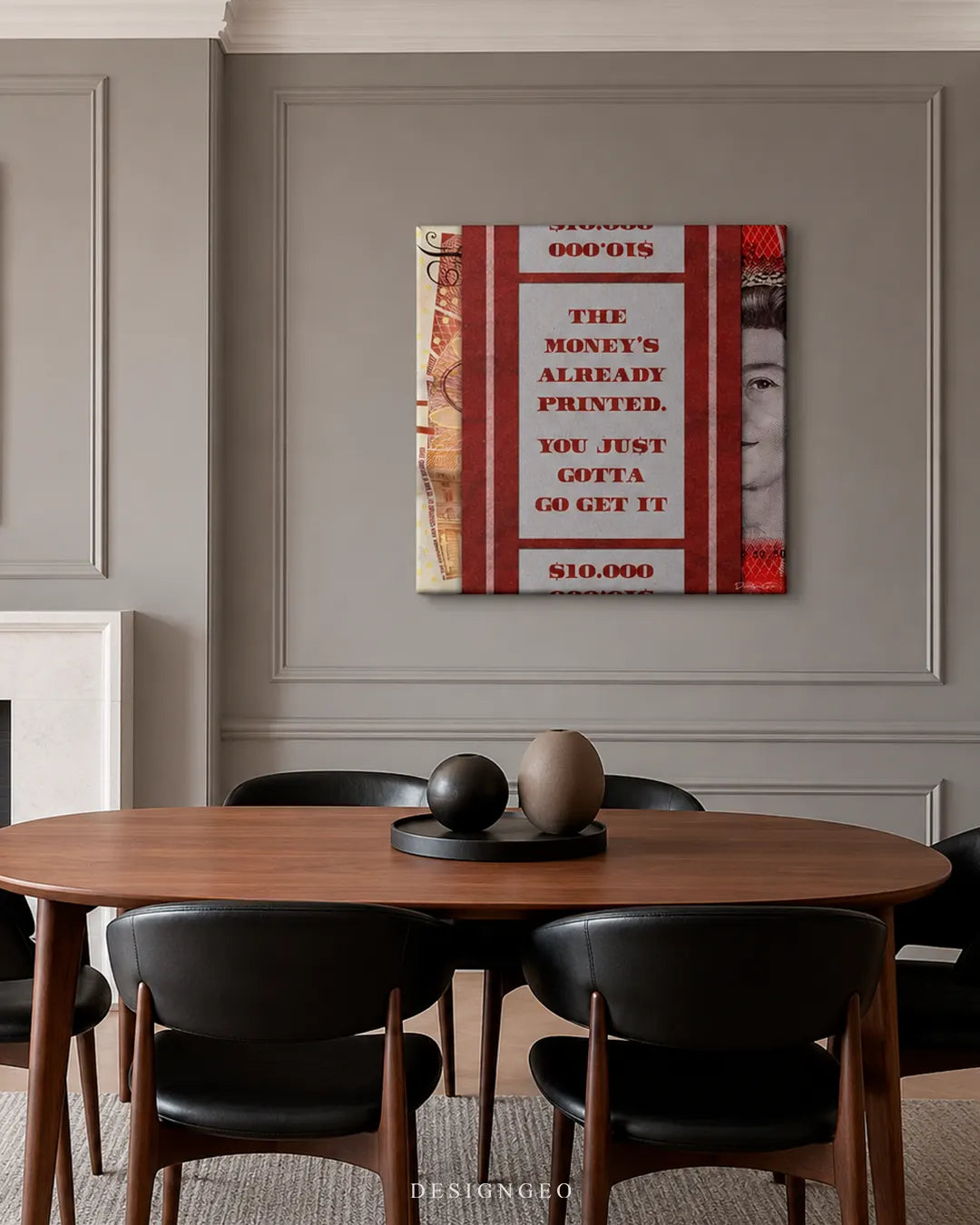 Square British pound money motivation canvas wall art mounted on a classic grey wainscoted wall above an oval wooden dining table with dark leather chairs