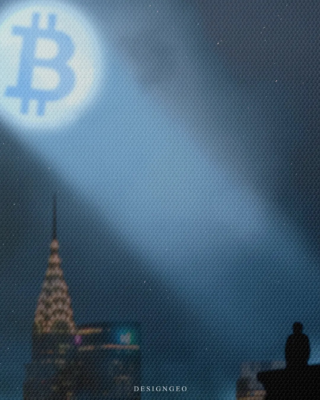 Close-up macro detail shot showing fine canvas texture, illuminated city building lights, and a soft blue light beam projected across the dark night sky