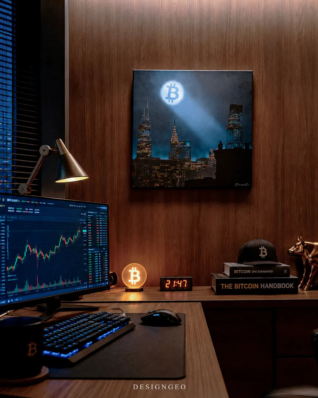Square The Moon Signal canvas print mounted on a dark wood wall above a trading desk setup with a financial chart monitor, glowing Bitcoin lamp, and crypto books