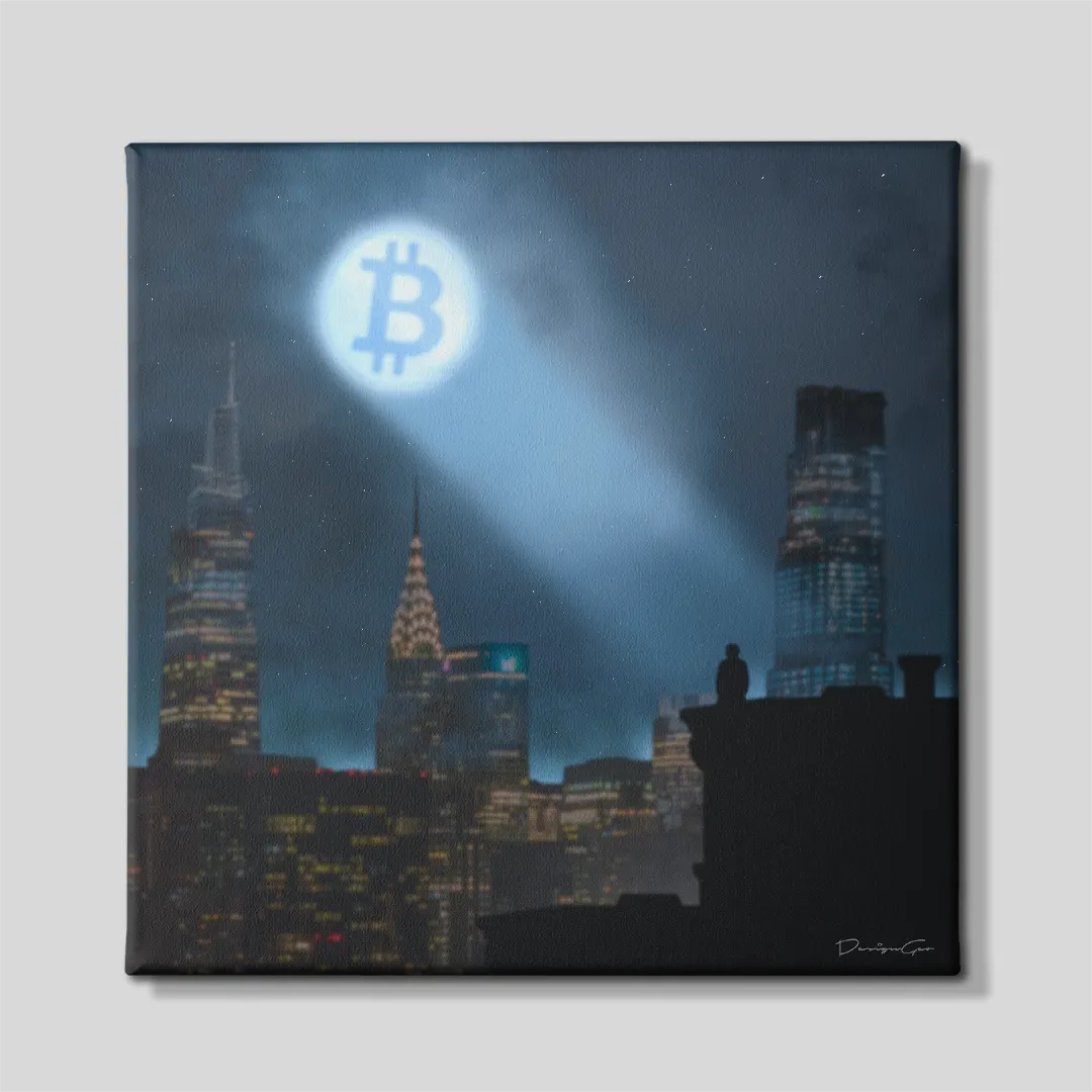 Front view of a square dark canvas print featuring a blue glowing Bitcoin symbol projected as a signal into the night sky over a illuminated city skyline