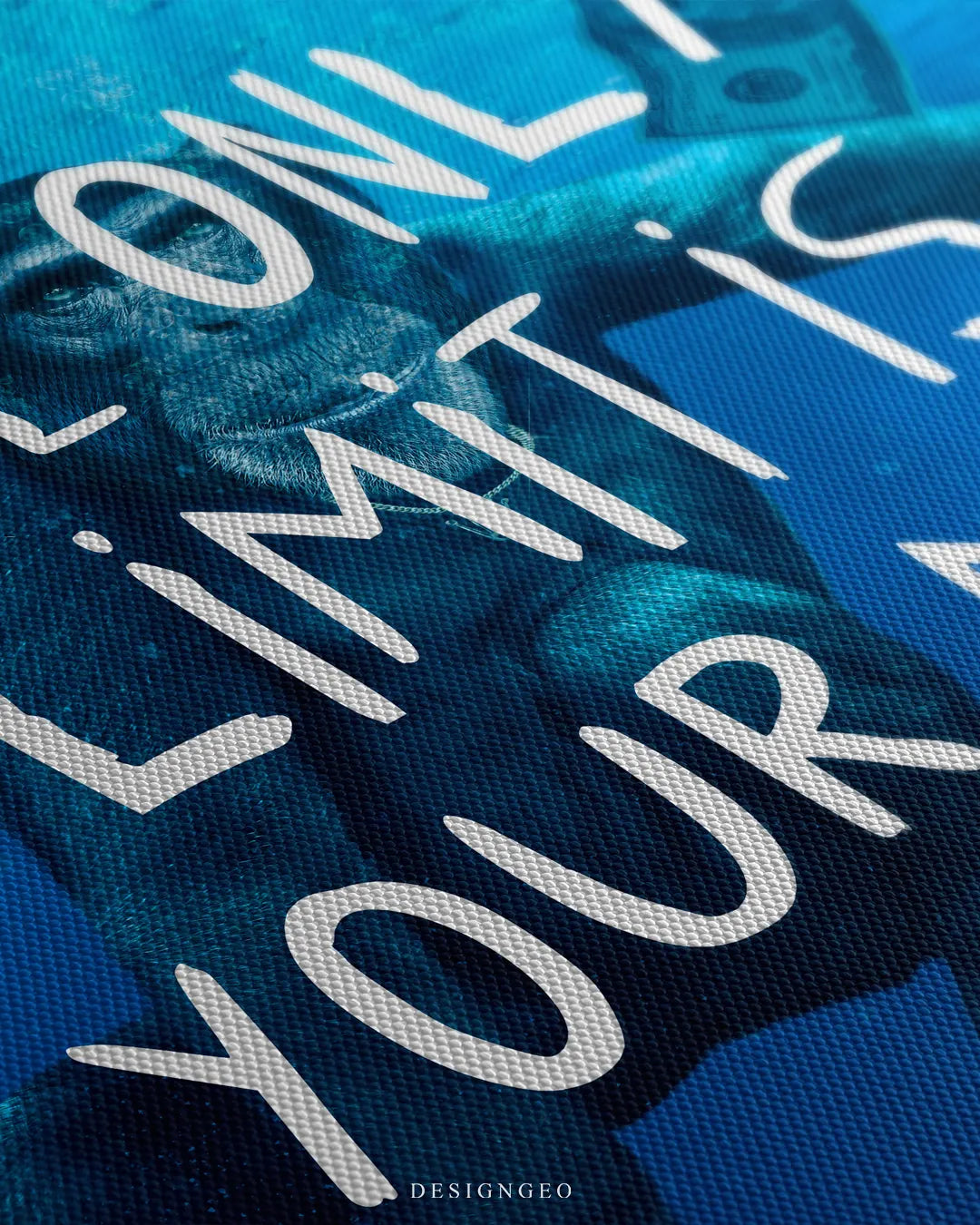 Angled detailed macro texture of blue woven canvas print showing underwater chimpanzee swimming towards a dollar bill on a hook with handwritten quote