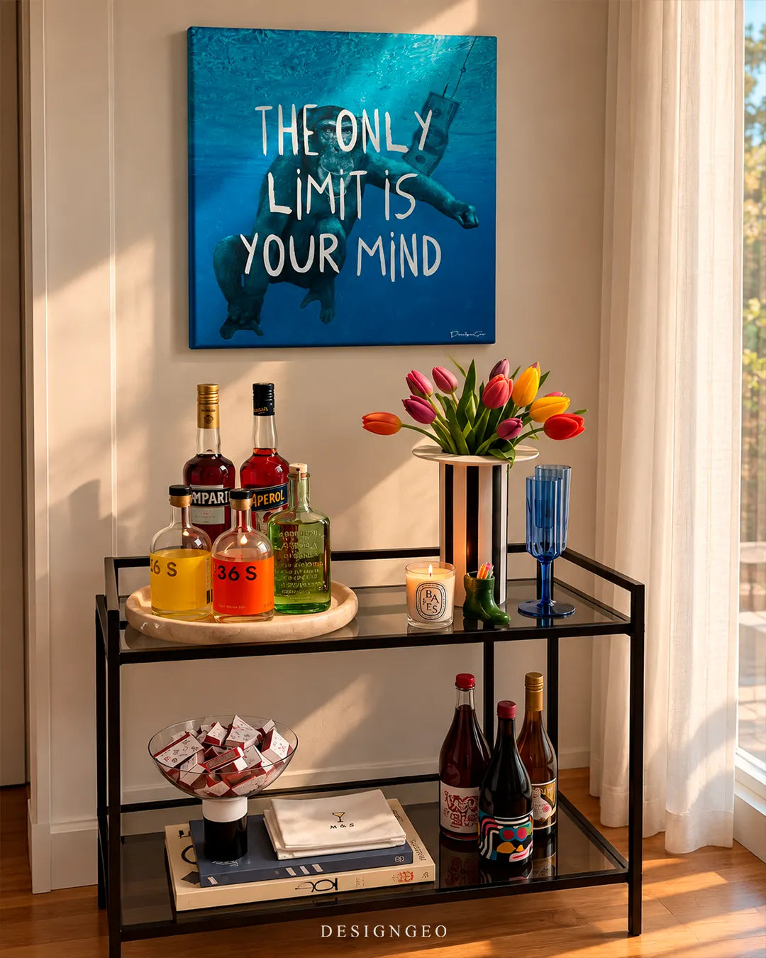 The Only Limit Is Your Mind underwater chimp typography pop art square canvas wall art mounted on wall in luxury home bar above bar cart 0.75 inch thin wrap