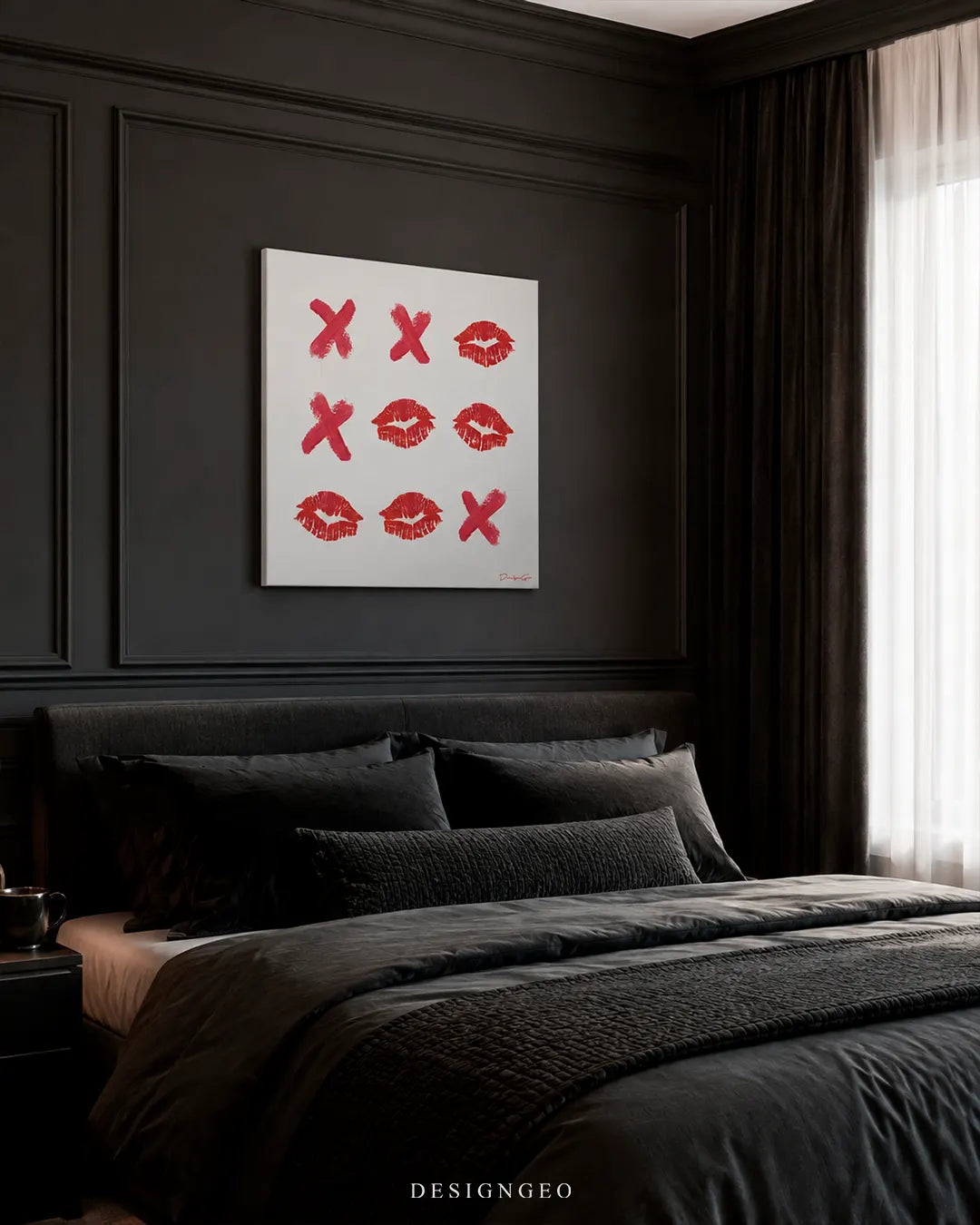 Square red lipstick kiss tic-tac-toe canvas wall art mounted on a charcoal black wainscoted wall above a dark luxury upholstered bed in a modern bedroom