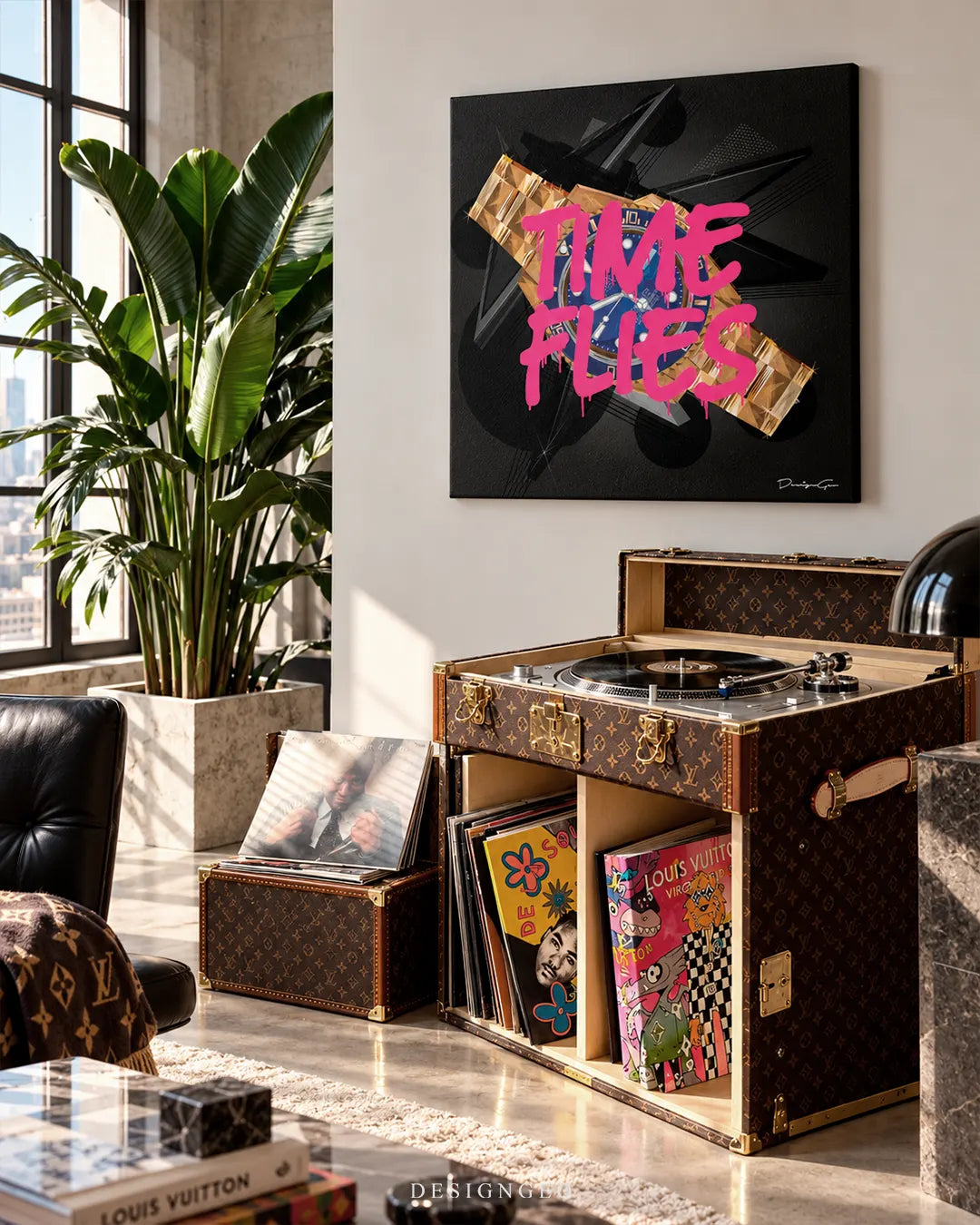 Time Flies pink graffiti text over luxury gold watch square canvas wall art displayed on a white wall in a modern living room above a designer trunk record player 0.75 inch thin wrap