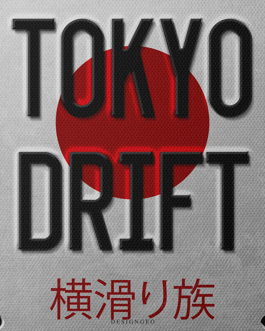Medium shot close-up highlighting black embossed lettering reading Tokyo Drift over a red Rising Sun graphic and Japanese red Kanji typography at the bottom