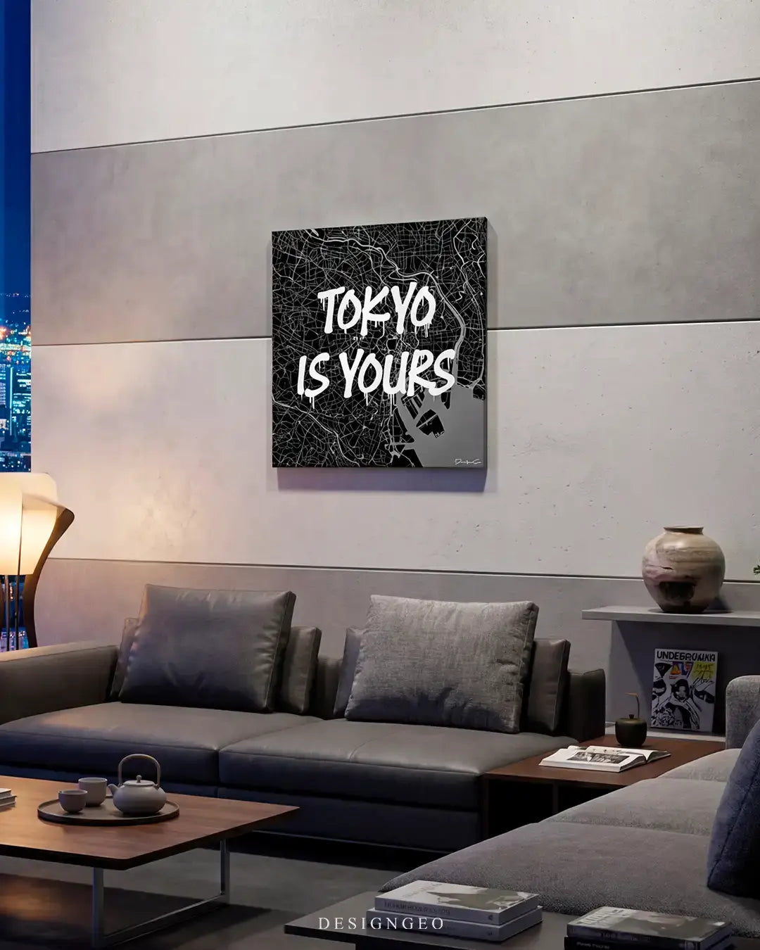 Modern interior displaying the Tokyo map square canvas wall art above a sofa, adding a sophisticated metropolitan touch to executive workspaces or luxury Japanese style livings