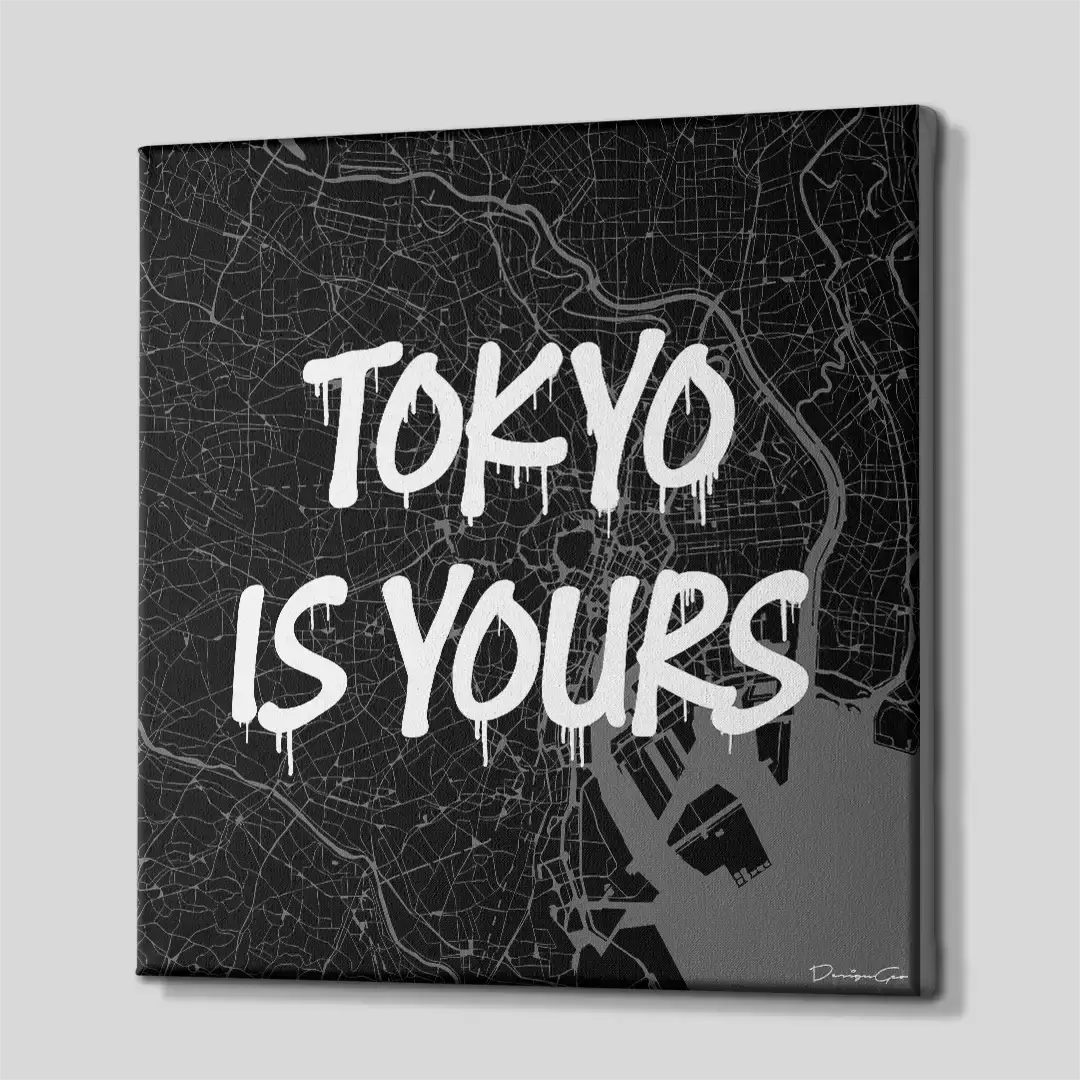 Side perspective of the Tokyo urban map canvas print, highlighting the premium gallery wrap finish and the solid 3D frame depth ideal for professional interior design