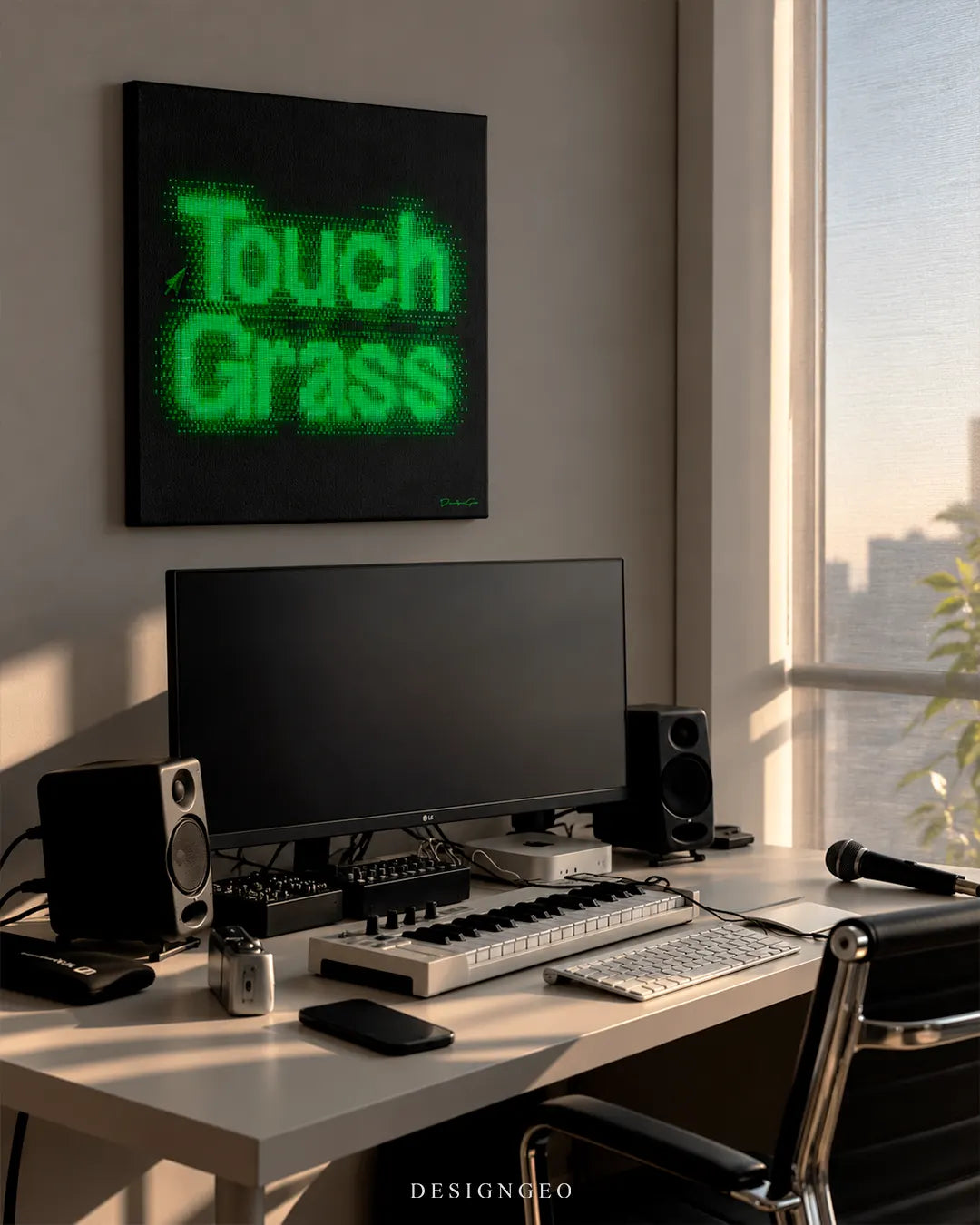 Touch Grass pixel green glowing text square canvas wall art mounted on wall above modern desk setup with computer monitor and MIDI keyboard 0.75 inch thin wrap