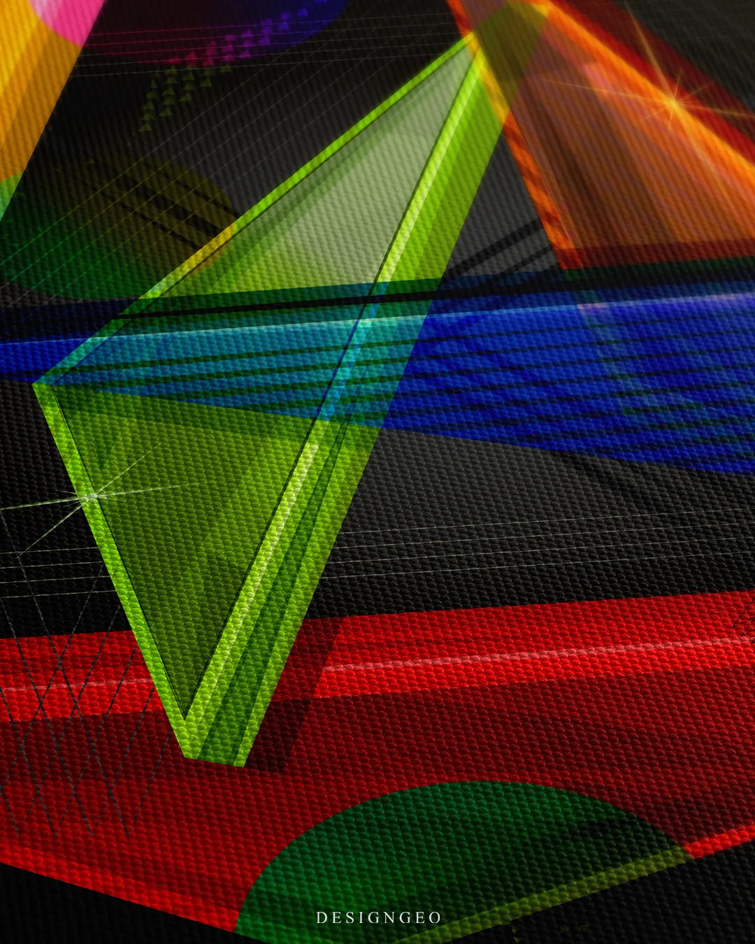 Colorful geometric shapes and intersecting lines macro detail canvas wall art print 0.75 inch thin wrap