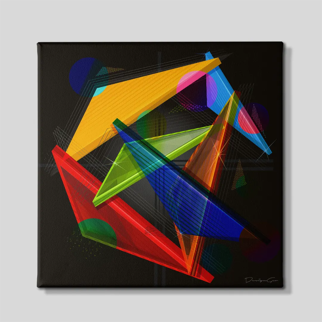 Abstract geometric multi-color floating triangles and glowing prisms pop art square canvas wall art front view 0.75 inch thin wrap