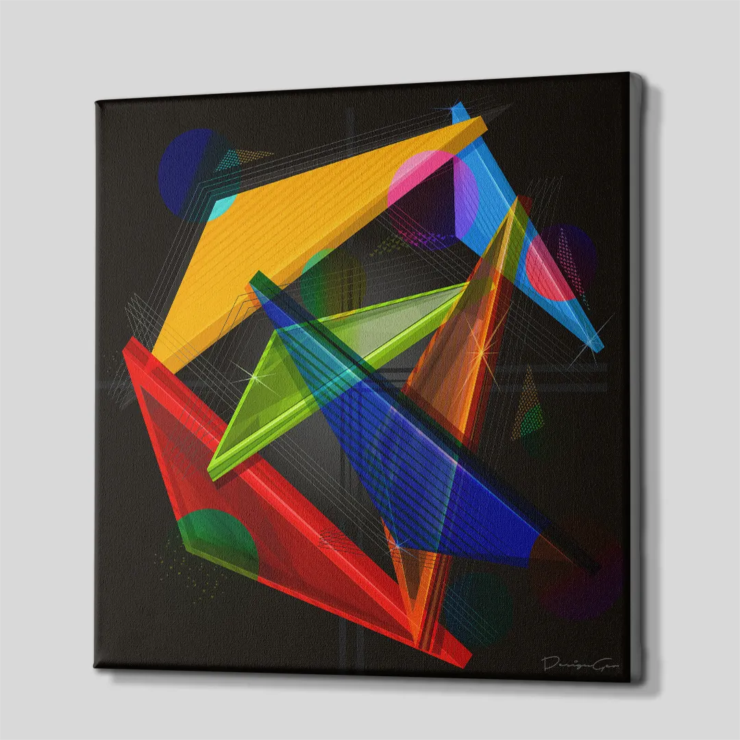 Abstract geometric multi-color floating triangles and glowing prisms pop art square canvas wall art side view showing gallery wrapped edges 0.75 inch thin wrap