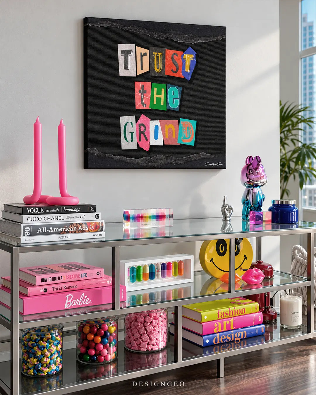 Trust The Grind colorful ransom note cutout letters square canvas wall art displayed on a white wall in a modern living room above a metal console table 0.75 inch thin wrap