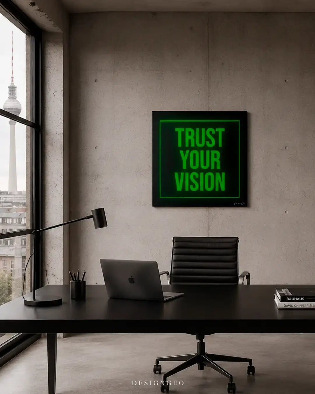 Contemporary office interior displaying the green and black "Trust Your Vision" square canvas art, creating an inspiring and focused atmosphere for ambitious minds