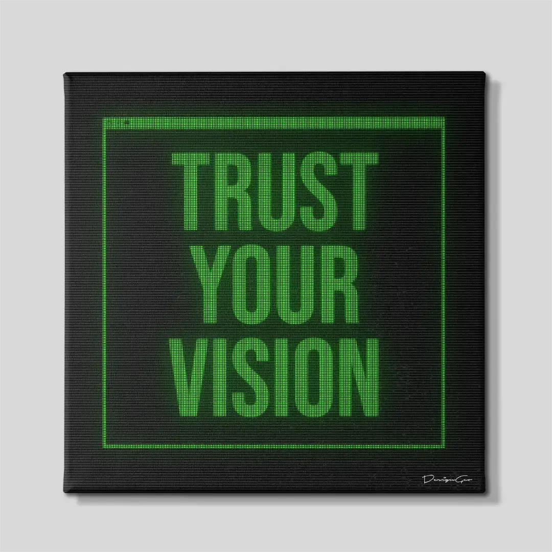 Front view of the luxury "Trust Your Vision" square typography canvas print, a premium motivational piece designed for modern corporate offices or entrepreneur studios