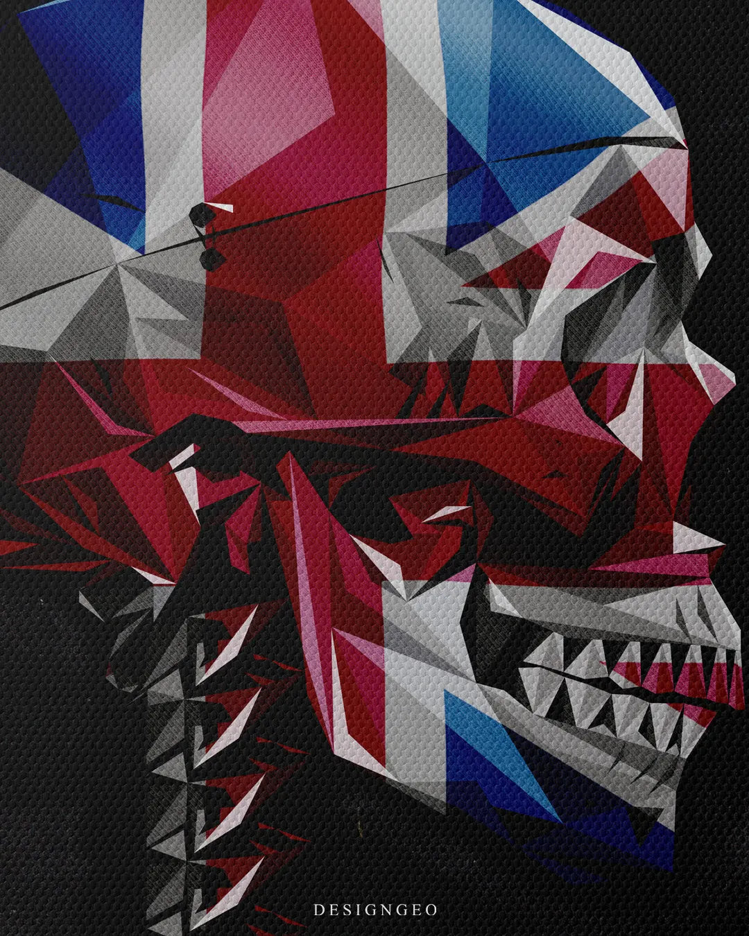 Close up texture view of low poly geometric human skull painted with Union Jack British flag design square canvas wall art 0.75 inch thin wrap