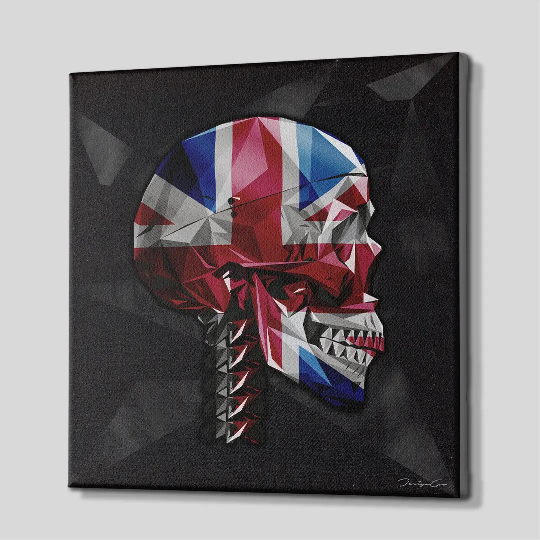 Side perspective view of low poly Union Jack British flag skull square canvas wall art showing black gallery wrapped edge 0.75 inch thin wrap