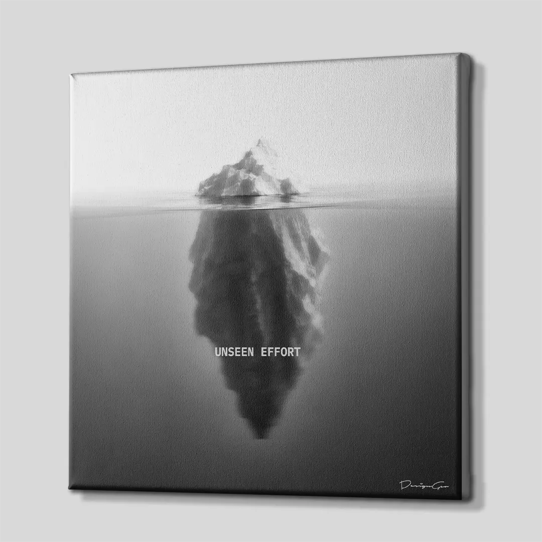 Side perspective view of black and white square canvas wall art showing iceberg metaphor design with white gallery wrapped edge 0.75 inch thin wrap