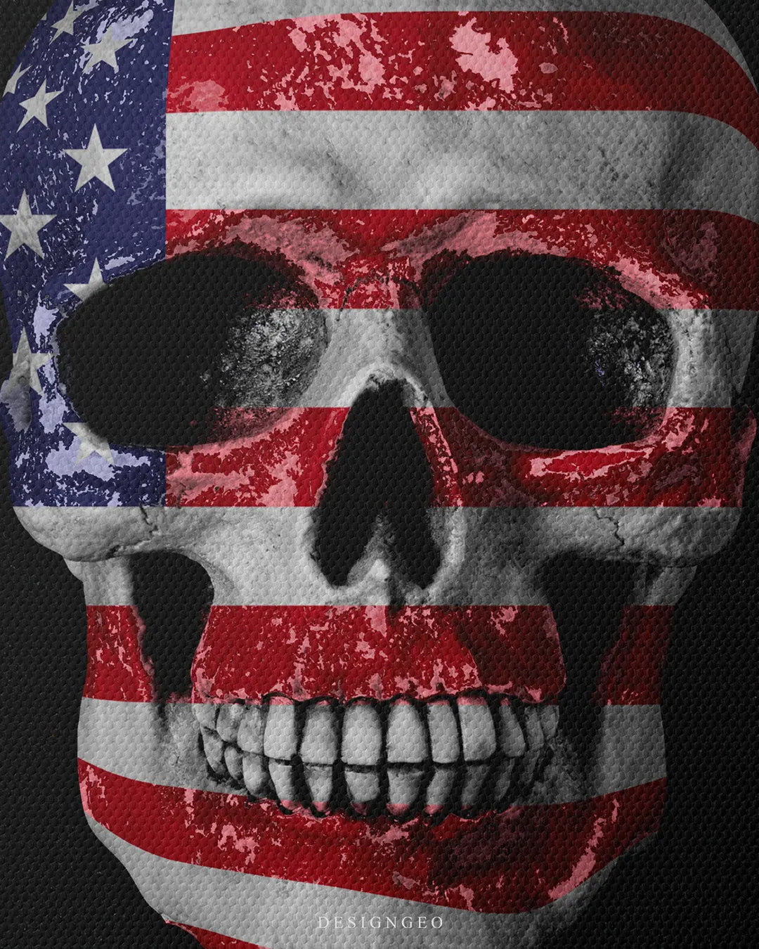 Close up texture view of human skull painted with weathered distress American flag design square canvas wall art 0.75 inch thin wrap