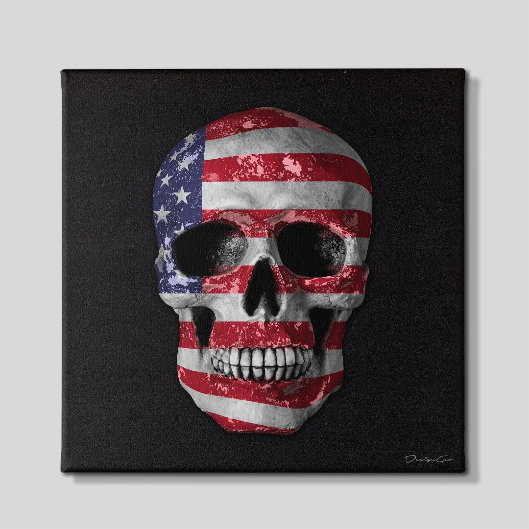 Realistic human skull with vintage distressed American flag overlay square canvas print front view on solid black background 0.75 inch thin wrap