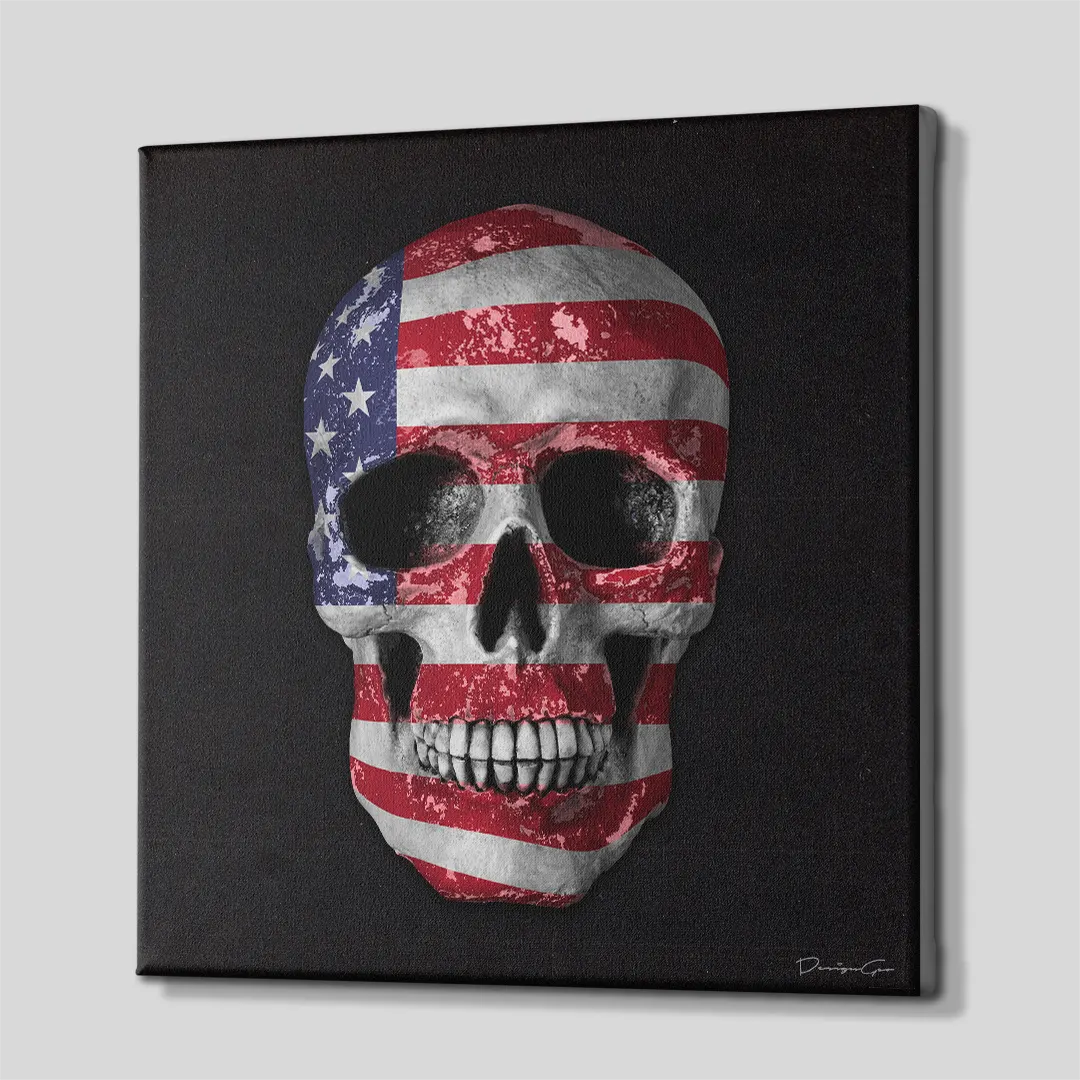 Side perspective view of patriotic American flag skull square canvas wall art showing black gallery wrapped edge 0.75 inch thin wrap