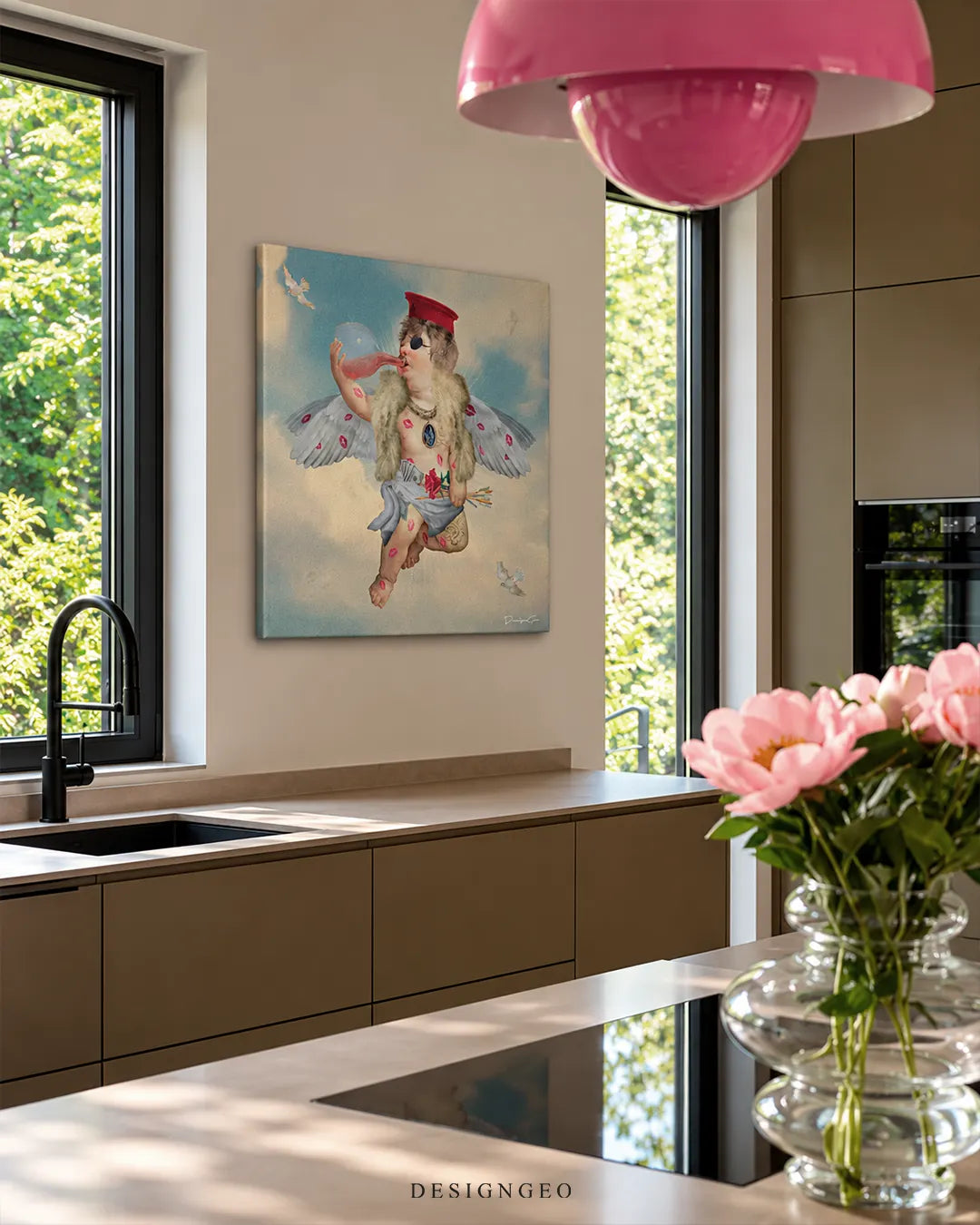 Flying cherub cupid drinking pink beverage square canvas wall art displayed on a neutral wall in a modern luxury kitchen between large windows 0.75 inch thin wrap