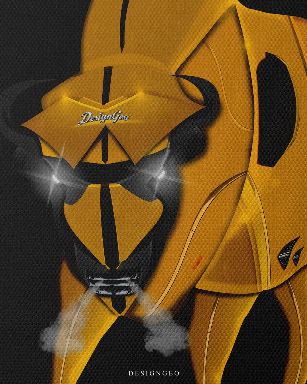 Close up texture view of yellow supercar hood bodywork details integrated into mechanical bull head illustration square canvas wall art 0.75 inch thin wrap