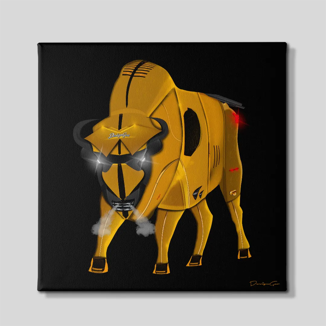 Yellow mechanical charging bull square canvas wall art featuring supercar aerodynamic body panels with glowing headlights and smoking nostrils on black background 0.75 inch thin wrap
