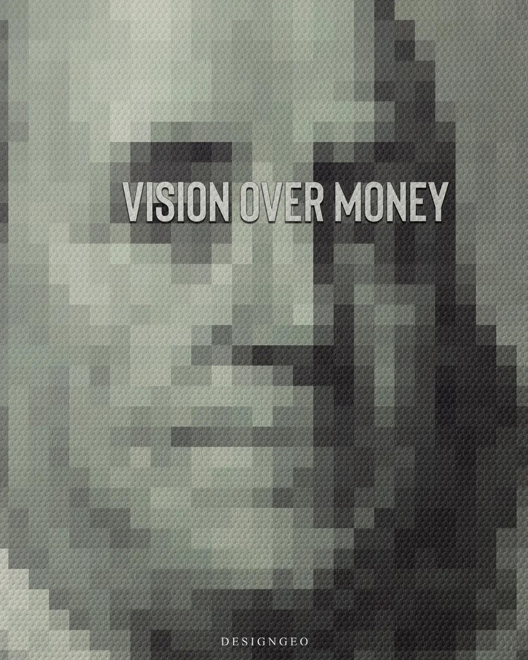 Medium shot close-up highlighting crisp typography reading Vision Over Money centered over a pixel art portrait of Benjamin Franklin on a hundred dollar bill design