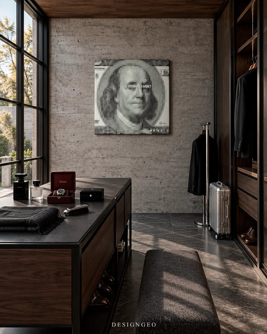 Square pixelated 100 dollar bill canvas print featuring Benjamin Franklin with Vision Over Money typography mounted on a concrete wall in a modern walk-in closet