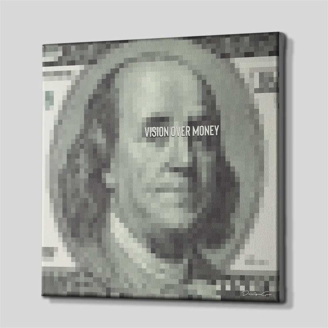 Three-quarter side angle of the Vision Over Money pixelated dollar bill canvas wall art showing gallery-wrapped printed edges mounted on a sturdy wooden stretcher frame