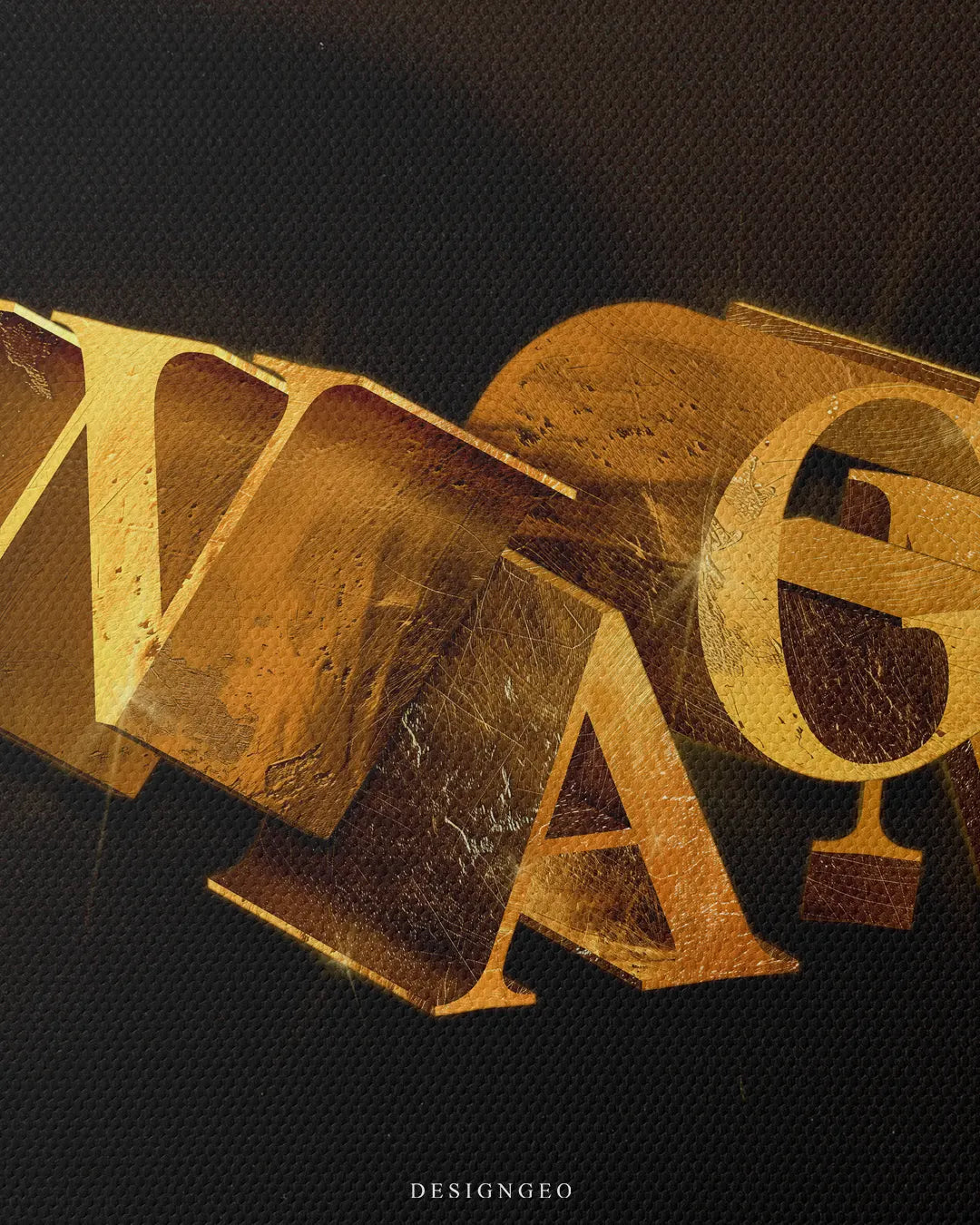 Close-up macro detail shot showing fine canvas texture, scratched metallic gold foil finish, and 3D bevel effect on the letter A and G