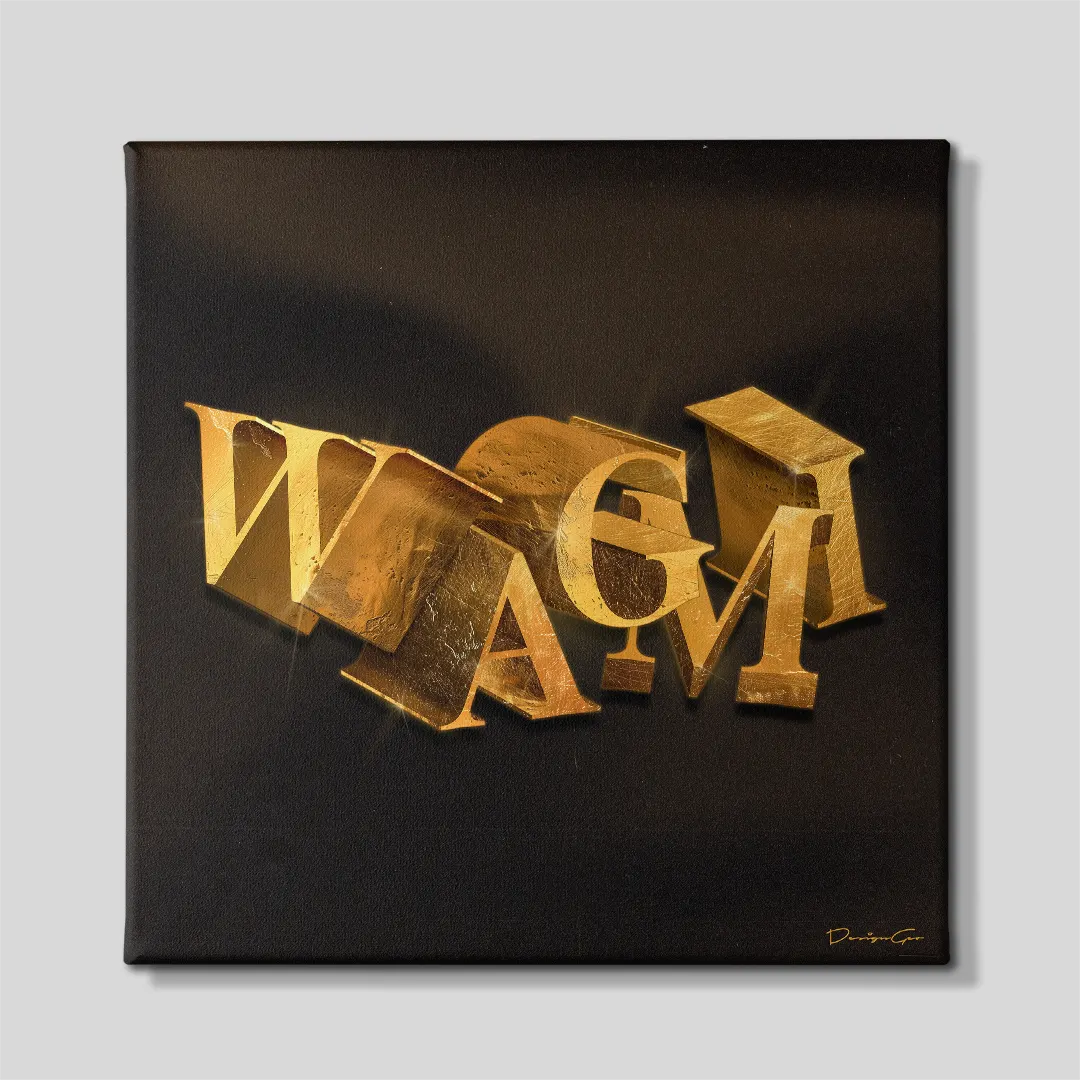 Front view of a square black canvas print featuring 3D distressed gold foil typography spelling WAGMI against a textured dark background