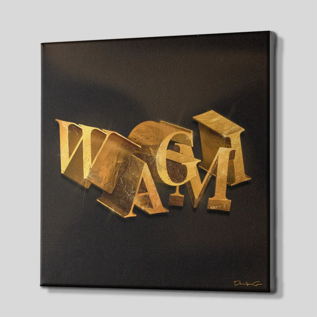 Three-quarter side angle of the gold WAGMI canvas print showing gallery-wrapped solid black edges mounted on a wooden frame