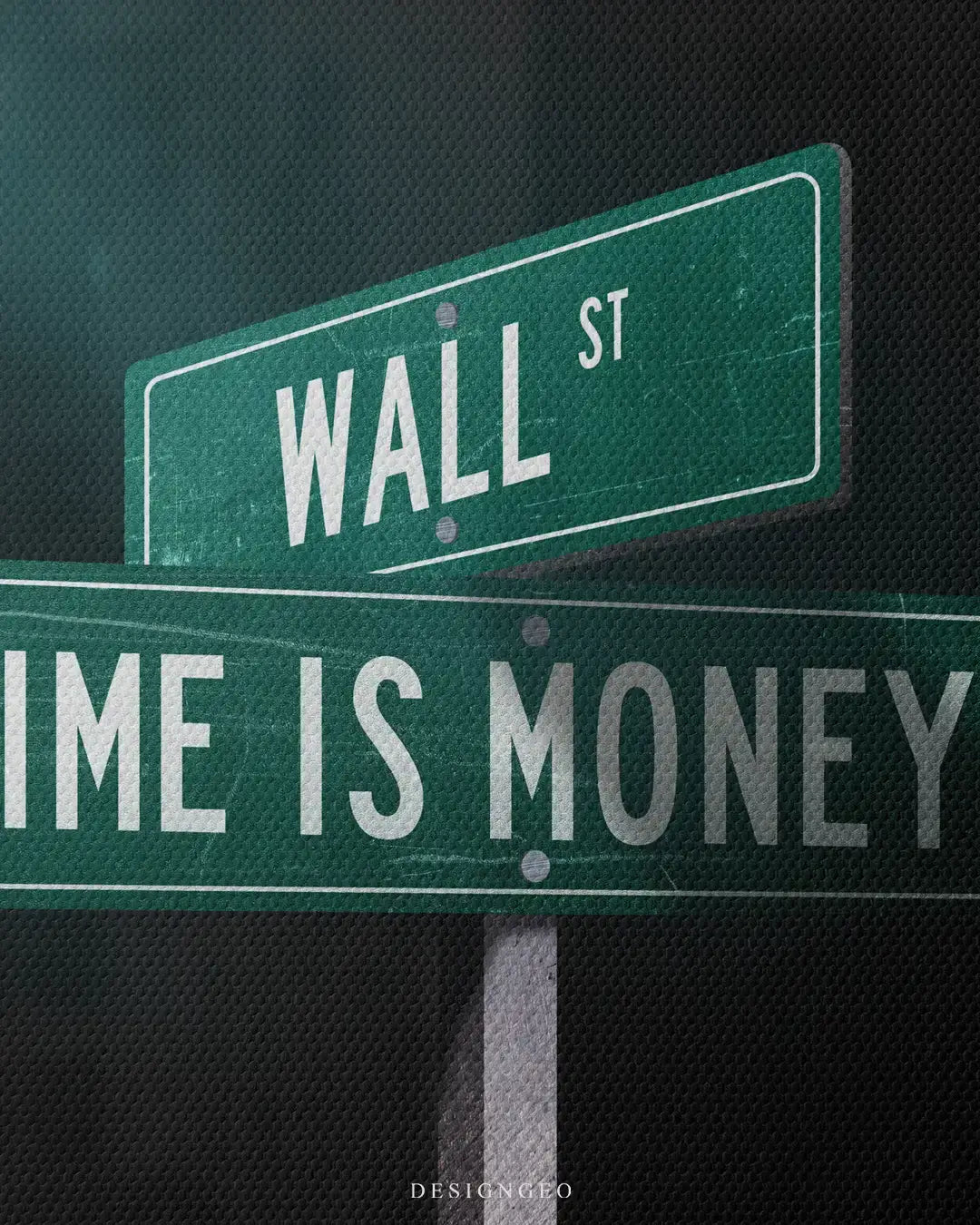 Detailed view of the "Wall Street Sign" art, showcasing the sharp metallic textures of the sign and the deep black contemporary canvas