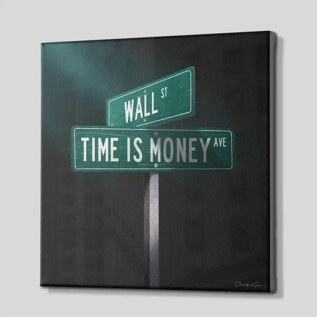 Side angle of the financial-themed motivation canvas print, highlighting the high-quality gallery wrap finish and the professional 3D frame depth