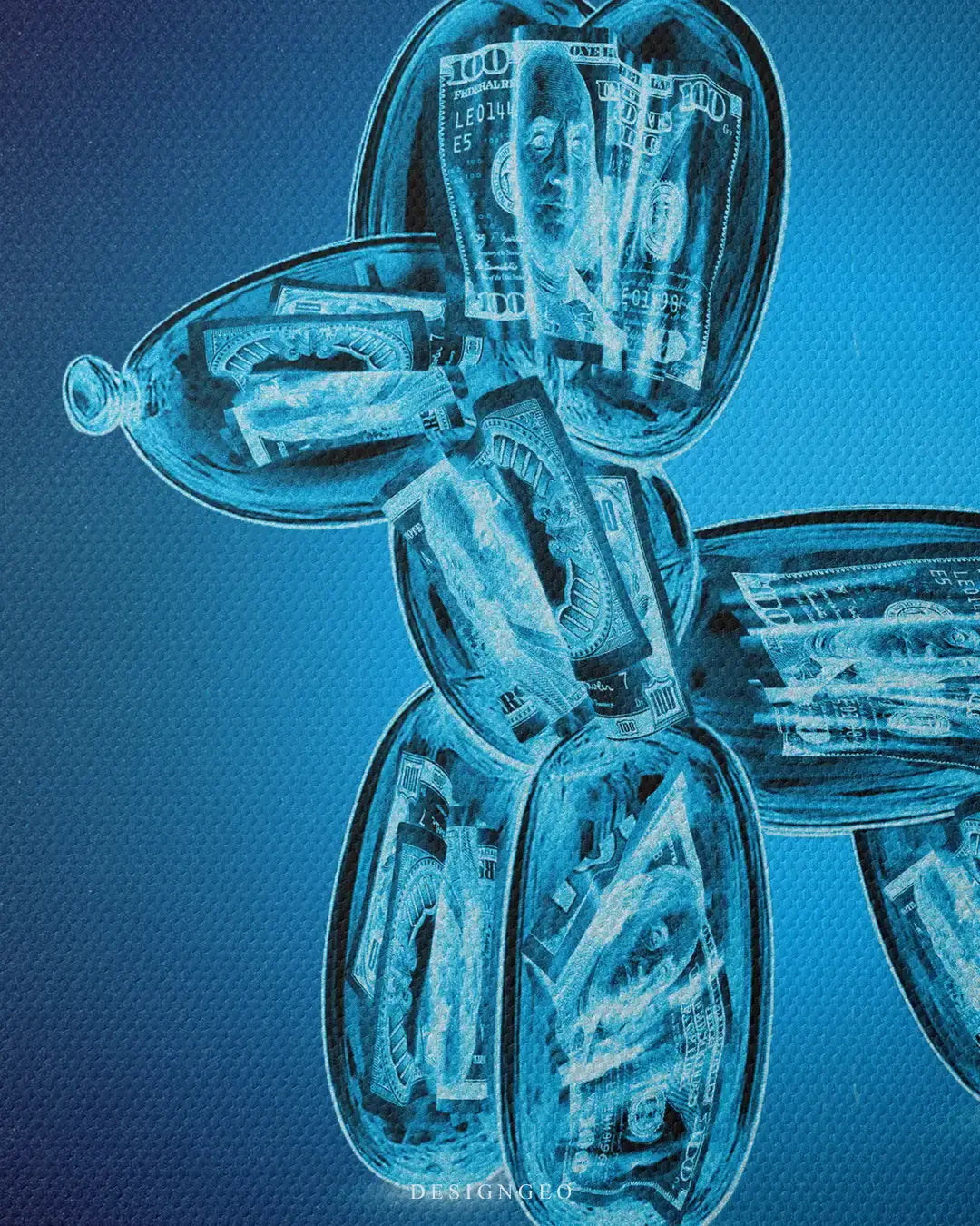 Close-up of financial pop art featuring a shiny balloon dog silhouette filled with an intricate pattern of US dollar bills against a minimalist dark background