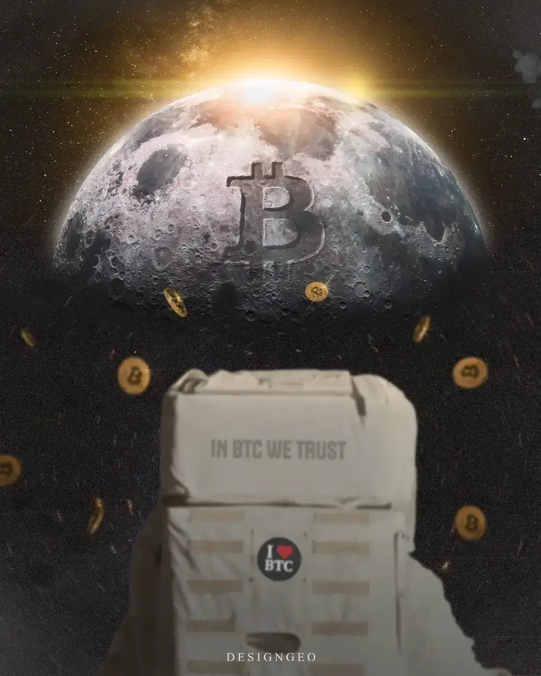 Detailed view of the "Wen Moon" art, showcasing the vibrant Bitcoin crater details and the cinematic cosmic lighting on the astronaut suit