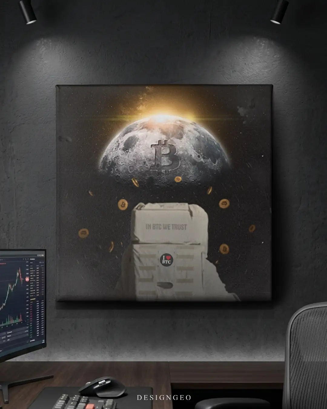 Artistic canvas composition of the crypto voyage to the moon, highlighting the B of BTC lunar crater, floating currency, and the explorer spirit of the digital era hanging on a trading room wall